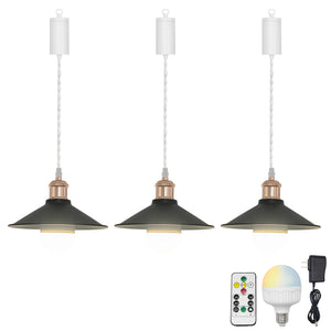Rechargeable Battery Pendant Light  French Gold Base Black Metal Shade Smart LED Bulbs With Remote