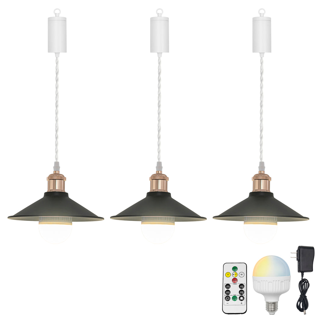 Rechargeable Battery Pendant Light  French Gold Base Black Metal Shade Smart LED Bulbs With Remote