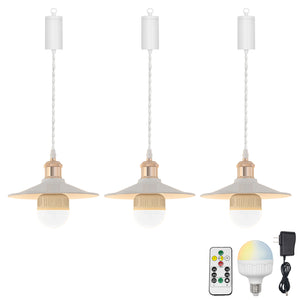Rechargeable Battery Pendant Light French Gold Base White Metal Shade Smart LED Bulbs With Remote