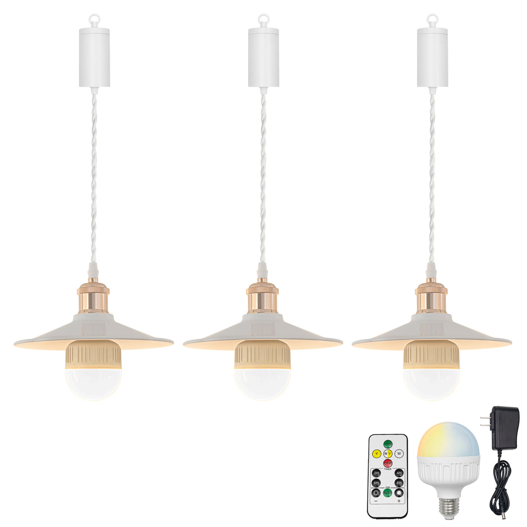 Rechargeable Battery Pendant Light French Gold Base White Metal Shade Smart LED Bulbs With Remote