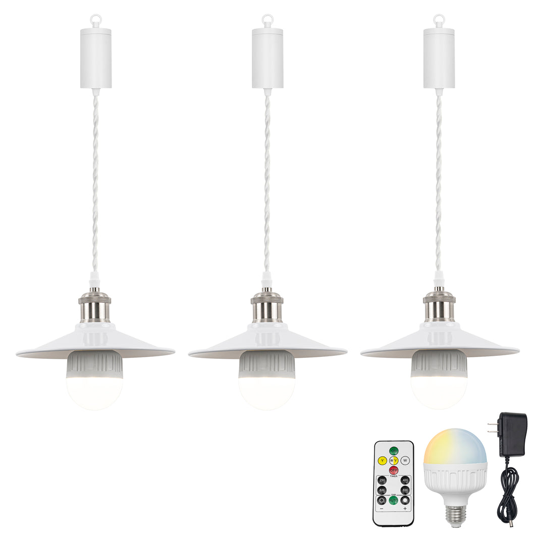 Rechargeable Battery Pendant Light Bright Nickel Base White Metal Shade Smart LED Bulbs With Remote