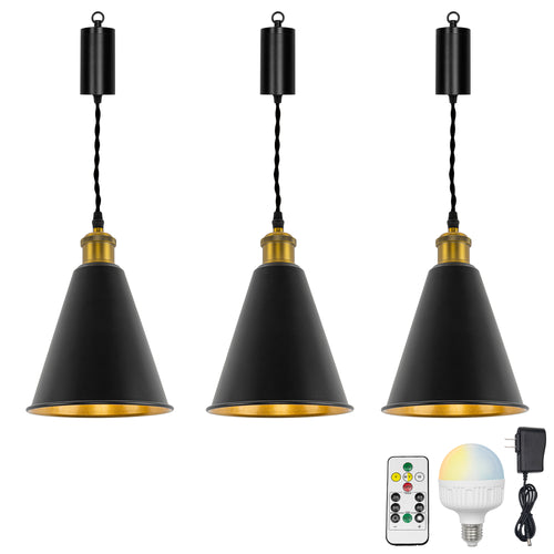Rechargeable Battery Pendant Light  Matte Brass Finish Base Metal Cone Shade Smart LED Bulbs With Remote