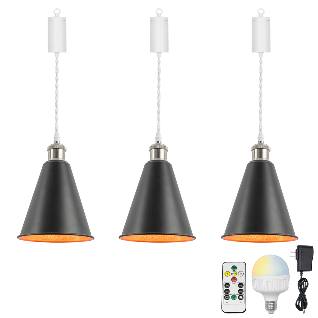 Rechargeable Battery Pendant Light Bright Nickel Base Metal Cone Shade Smart LED Bulbs With Remote