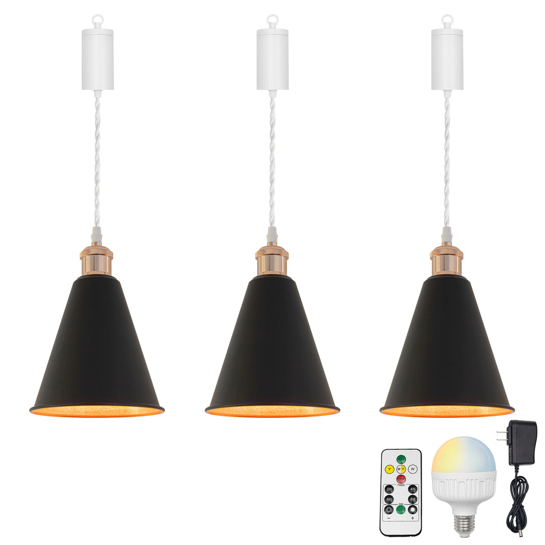 Rechargeable Battery Pendant Light French Gold Base Metal Cone Shade Smart LED Bulbs With Remote