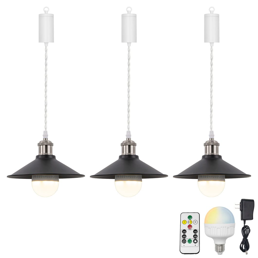 Rechargeable Battery Pendant Light  Bright Nickel Base Black Metal Shade Smart LED Bulbs With Remote