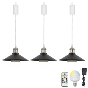 Rechargeable Battery Pendant Light  Matte Nickel Base Black Metal Shade Smart LED Bulbs With Remote