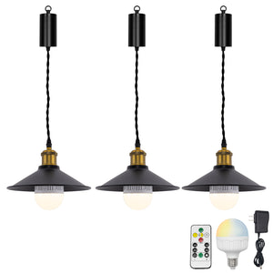 Rechargeable Battery Pendant Light  Matte Brass Finish Base Black Metal Shade Smart LED Bulbs With Remote