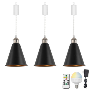 Rechargeable Battery Pendant Light  Matte Nickel Base Metal Cone Shade Smart LED Bulbs With Remote