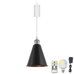 Rechargeable Battery Pendant Light  Matte Nickel Base Metal Cone Shade Smart LED Bulbs With Remote