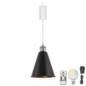 Rechargeable Battery Pendant Light  Matte Nickel Base Metal Cone Shade Smart LED Bulbs With Remote
