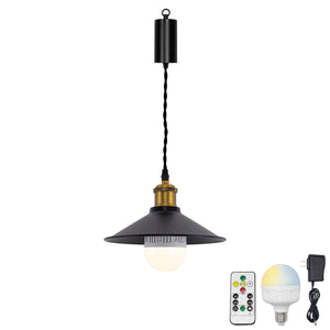 Rechargeable Battery Pendant Light  Matte Brass Finish Base Black Metal Shade Smart LED Bulbs With Remote