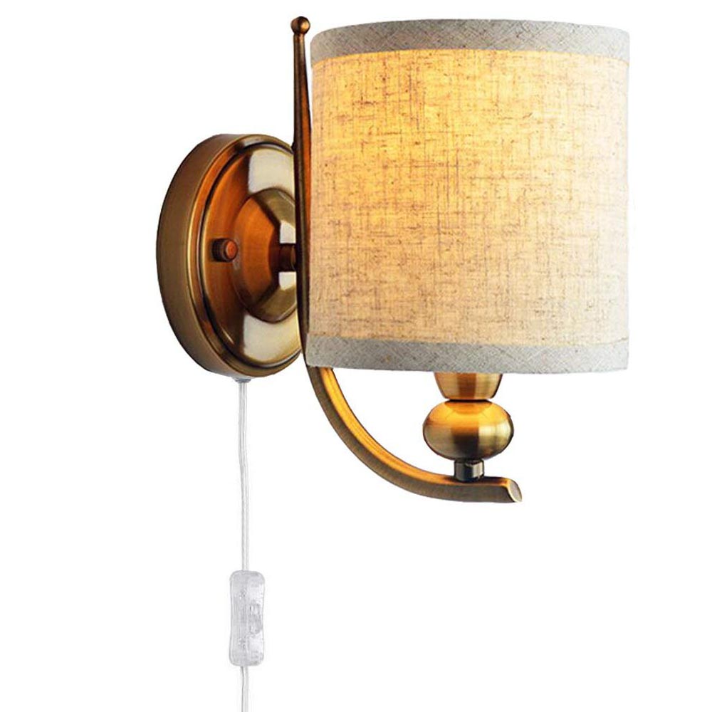 Warm Brass Plug-in Wall Lamp with Fabric Shade