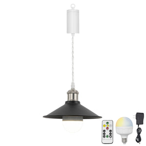 Rechargeable Battery Pendant Light  Matte Nickel Base Black Metal Shade Smart LED Bulbs With Remote