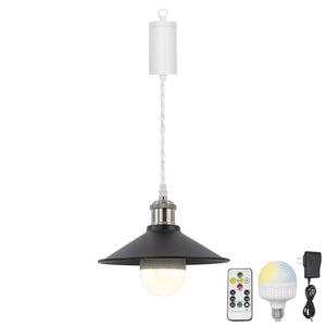 Rechargeable Battery Pendant Light  Bright Nickel Base Black Metal Shade Smart LED Bulbs With Remote