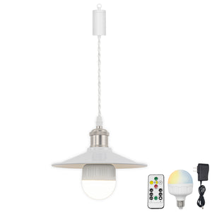 Rechargeable Battery Pendant Light Matte Nickel Base White Metal Shade Smart LED Bulbs With Remote