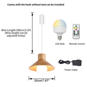 Rechargeable Battery Adjustable Cord Pendant Light Wooden Shade Smart LED Bulbs with Remote
