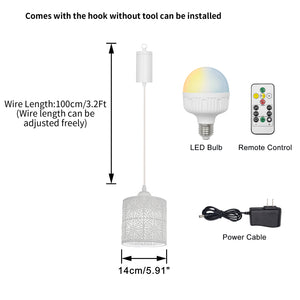 Rechargeable Battery Adjustable Cord Pendant Light Hollow Metal Shade Smart LED Bulbs with Remote