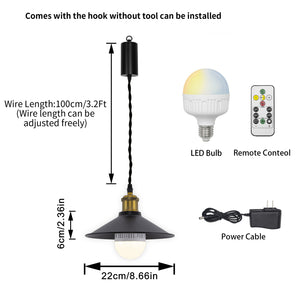 Rechargeable Battery Pendant Light  Matte Brass Finish Base Black Metal Shade Smart LED Bulbs With Remote