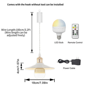 Rechargeable Battery Pendant Light French Gold Base White Metal Shade Smart LED Bulbs With Remote