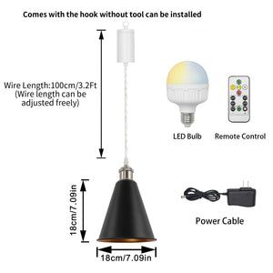 Rechargeable Battery Pendant Light  Matte Nickel Base Metal Cone Shade Smart LED Bulbs With Remote