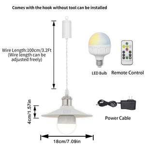 Rechargeable Battery Pendant Light Matte Nickel Base White Metal Shade Smart LED Bulbs With Remote