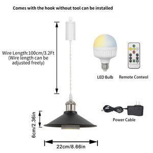 Rechargeable Battery Pendant Light  Matte Nickel Base Black Metal Shade Smart LED Bulbs With Remote