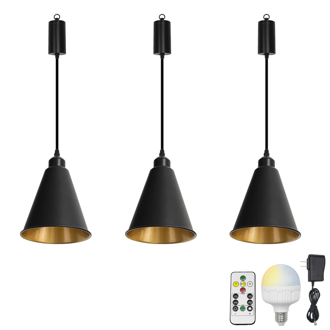 Rechargeable Battery Adjustable Cord Wireless Pendant Light Inner Gold Outer Black Metal Shade Smart LED Bulbs with Remote