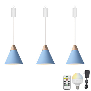 Rechargeable Battery Adjustable Cord Wooden Pendant Light Metal Shade Smart LED Bulbs with Remote