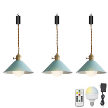 Load image into Gallery viewer, Rechargeable Battery Adjustable Cord Pendant Light Blue ,Yellow, Pink Metal Cone Shade Smart LED Bulbs with Remote