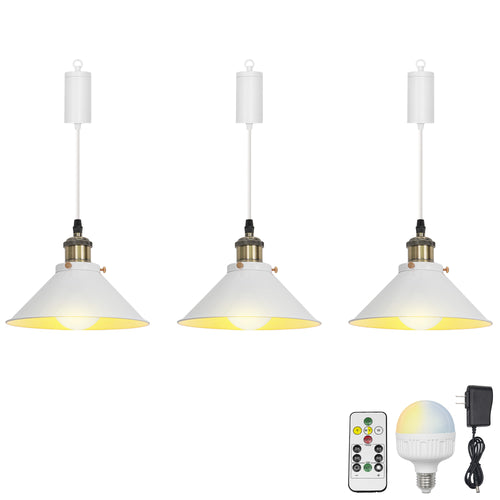 Rechargeable Battery Adjustable Cord Pendant Light Black Or White Metal Shade Smart LED Bulbs with Remote