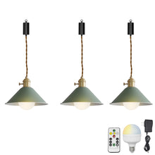 Load image into Gallery viewer, Rechargeable Battery Adjustable Cord Pendant Light Khaki, Green Metal Cone Shade Smart LED Bulbs with Remote