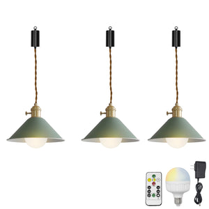 Rechargeable Battery Adjustable Cord Pendant Light Khaki, Green Metal Cone Shade Smart LED Bulbs with Remote