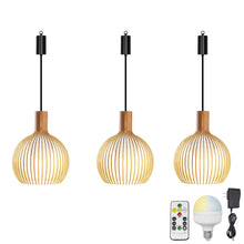 Load image into Gallery viewer, Rechargeable Battery Adjustable Cord Pendant Light Wood Shade Smart LED Bulbs with Remote Minimalist Design