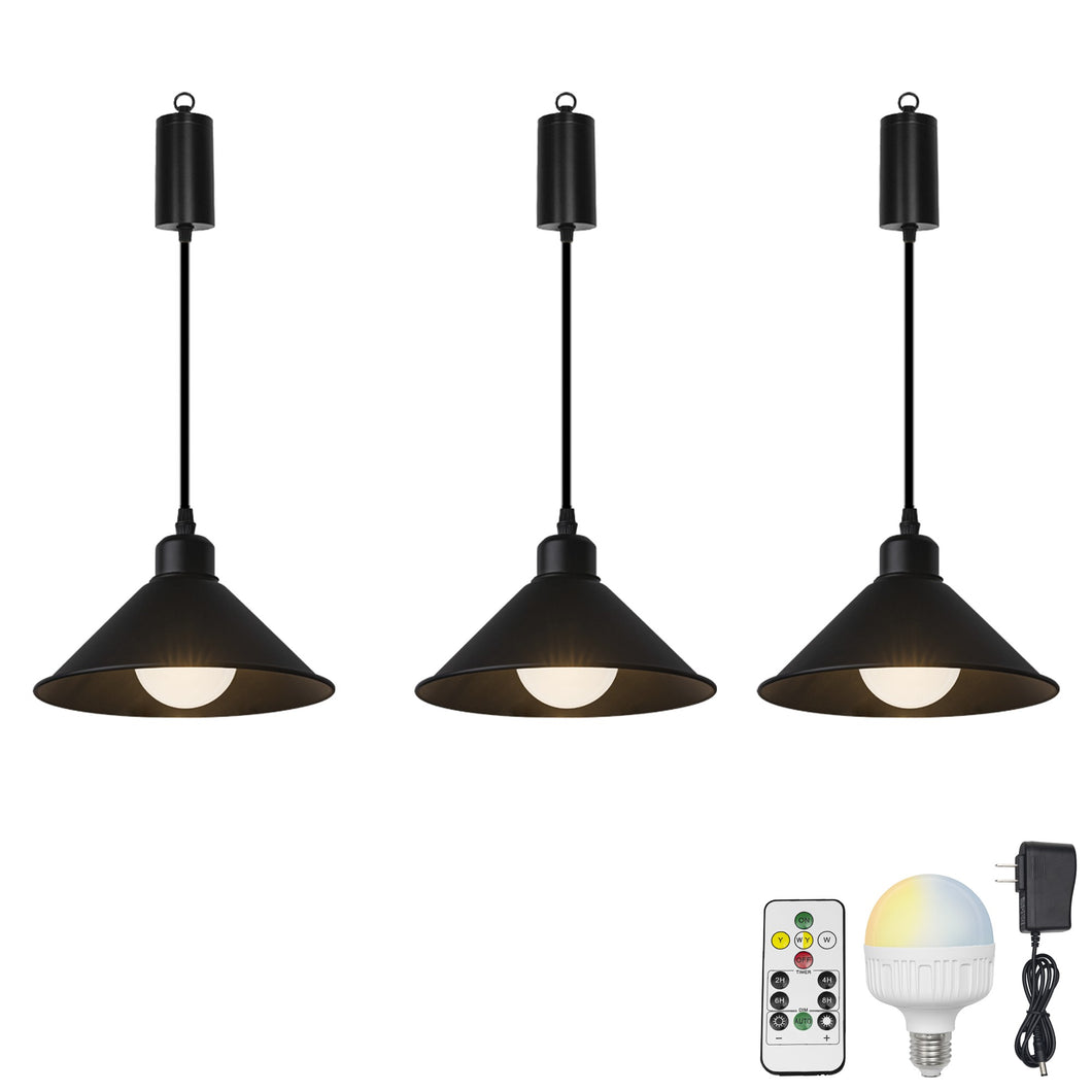 Rechargeable Battery Adjustable Cord Pendant Light Black Metal Shade Smart LED Bulbs with Remote Vintage Design