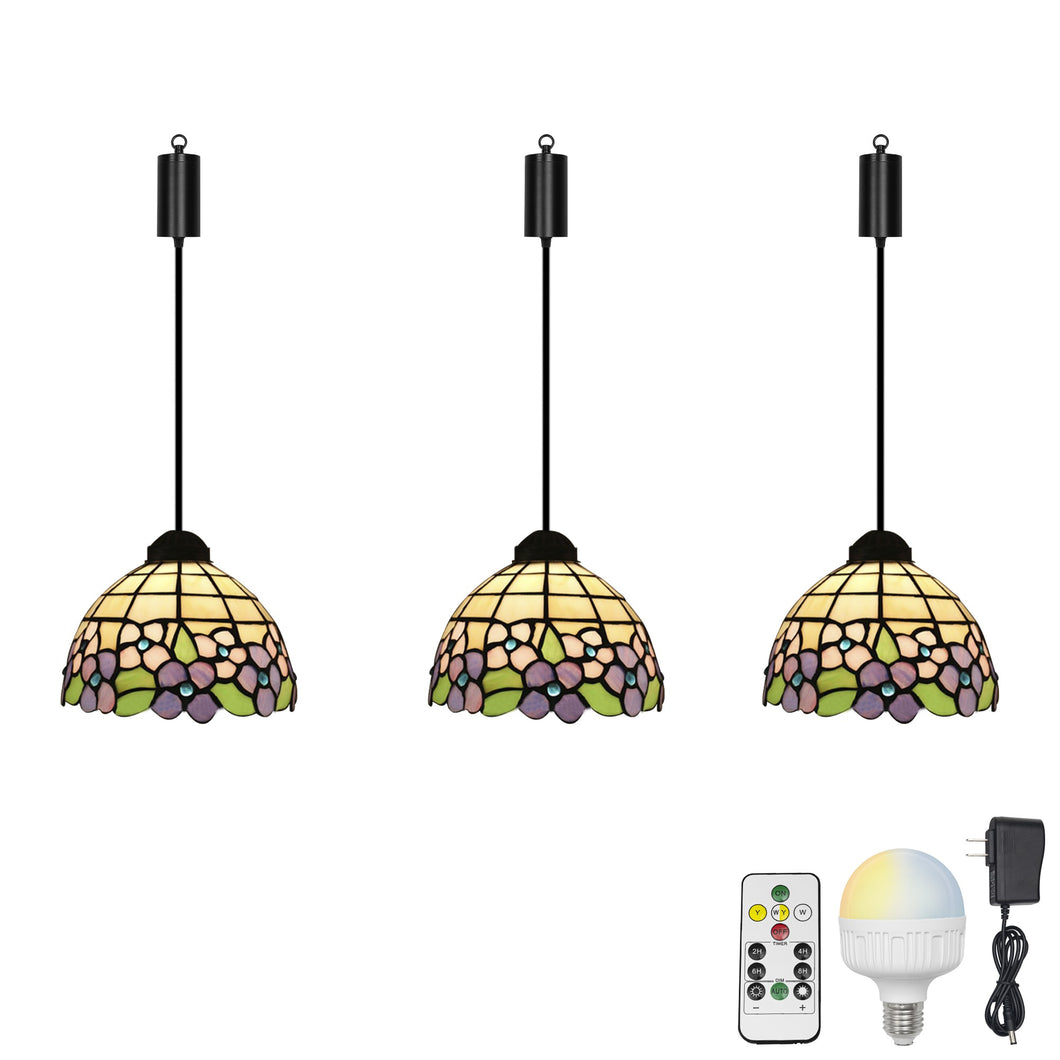 Rechargeable Battery Adjustable Cord Tiffany Pendant Light Glass Shade Smart LED Bulbs with Remote