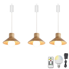 Load image into Gallery viewer, Rechargeable Battery Adjustable Cord Pendant Light Wooden Shade Smart LED Bulbs with Remote