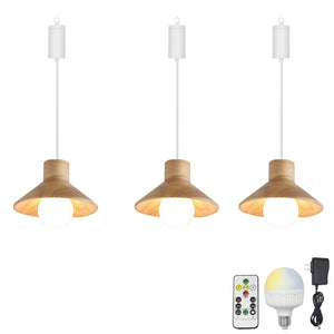 Rechargeable Battery Adjustable Cord Pendant Light Wooden Shade Smart LED Bulbs with Remote