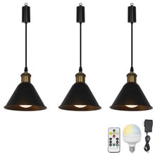Load image into Gallery viewer, Rechargeable Battery Adjustable Cord Pendant Light Black Metal Cone Shade Smart LED Bulbs with Remote