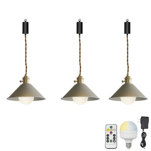 Rechargeable Battery Adjustable Cord Pendant Light Khaki, Green Metal Cone Shade Smart LED Bulbs with Remote