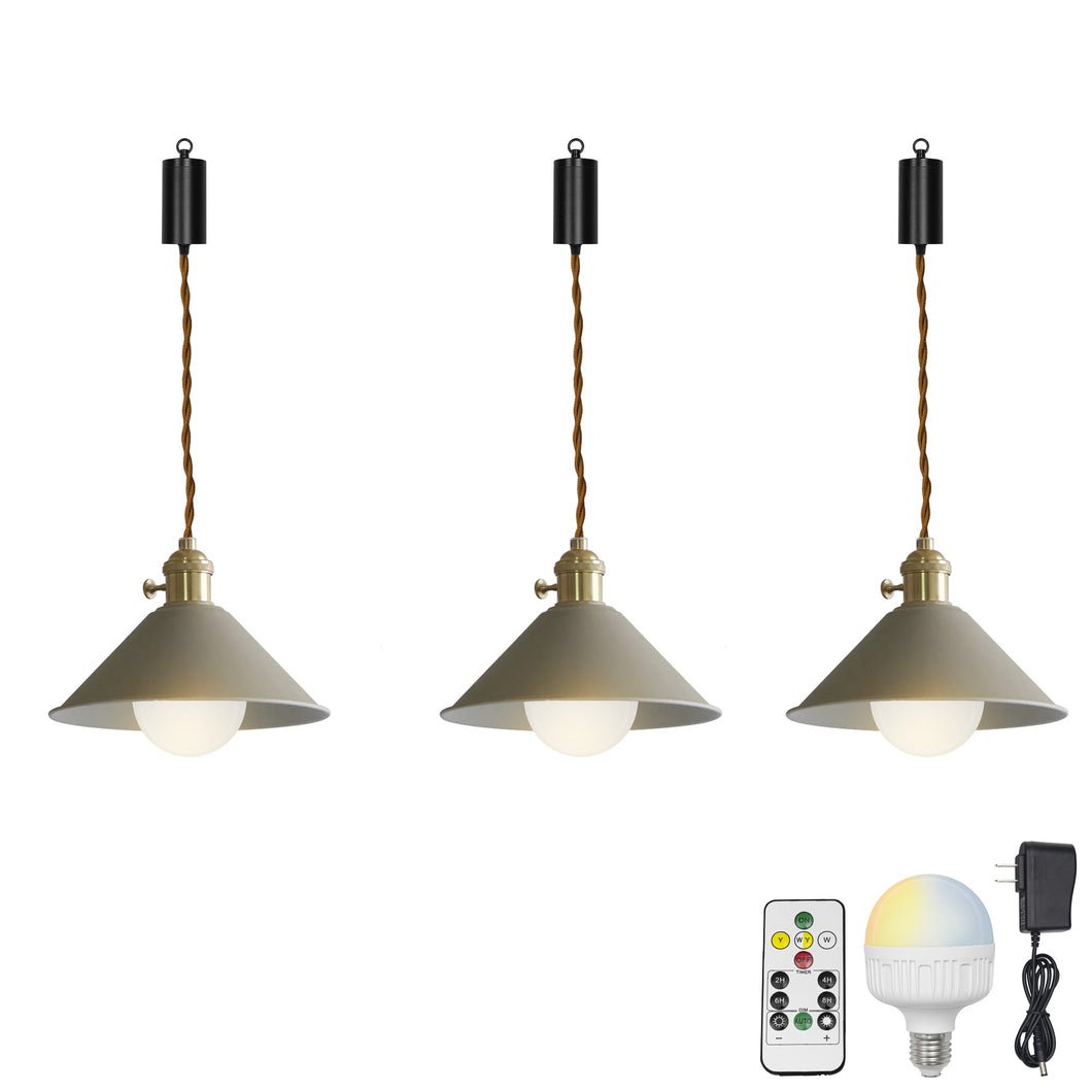 Rechargeable Battery Adjustable Cord Pendant Light Khaki, Green Metal Cone Shade Smart LED Bulbs with Remote