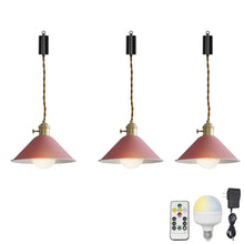 Load image into Gallery viewer, Rechargeable Battery Adjustable Cord Pendant Light Blue ,Yellow, Pink Metal Cone Shade Smart LED Bulbs with Remote