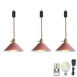 Rechargeable Battery Adjustable Cord Pendant Light Blue ,Yellow, Pink Metal Cone Shade Smart LED Bulbs with Remote