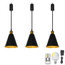 Load image into Gallery viewer, Rechargeable Battery Adjustable Cord Cordless Pendant Light Black Metal Shade Smart LED Bulbs with Remote
