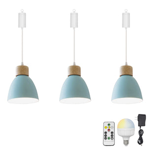 Rechargeable Battery Adjustable Cord Pendant Light Macaron Aluminum Blue Or Green Shade Smart LED Bulbs with Remote