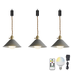 Rechargeable Battery Adjustable Cord Pendant Light Metal Cone Shade Smart LED Bulbs with Remote