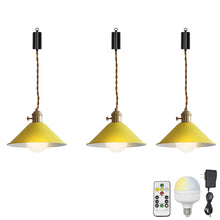 Load image into Gallery viewer, Rechargeable Battery Adjustable Cord Pendant Light Blue ,Yellow, Pink Metal Cone Shade Smart LED Bulbs with Remote