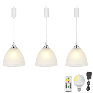 Rechargeable Battery Adjustable Cord Pendant Light Glass Shade Smart LED Bulbs with Remote