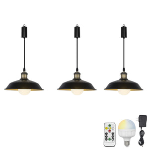 Rechargeable Battery Adjustable Cord Pendant Light Black Metal Shade Smart LED Bulbs with Remote Retro Design