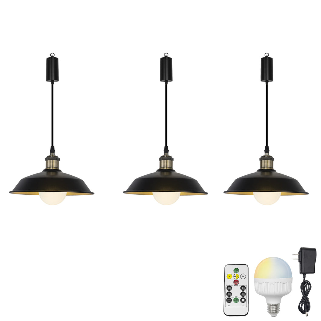Rechargeable Battery Adjustable Cord Pendant Light Black Metal Shade Smart LED Bulbs with Remote Retro Design