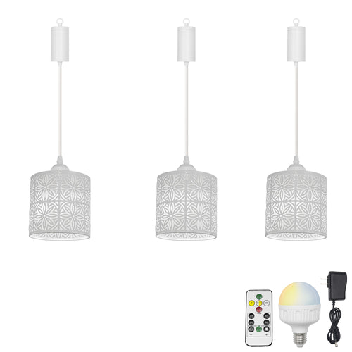 Rechargeable Battery Adjustable Cord Pendant Light Hollow Metal Shade Smart LED Bulbs with Remote